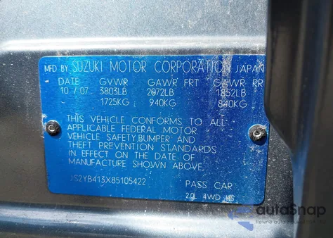 2008 Suzuki Sx4 Convenience/Touring from USA, damaged, VIN JS2YB413X85105422